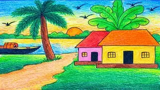 Village Scenery Drawing with Oil Pastels | Easy Landscape Drawing for Beginners #landscapedrawing 