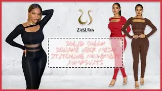 ZASUWA Female Solid Color Square Neck Mesh Stitching Movement Jumpsuits