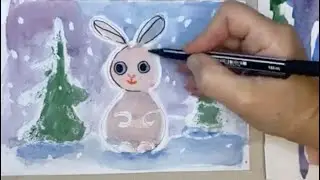 How to draw a rabbit in the winter forest 