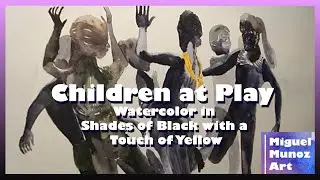 Children at Play. Watercolor in Shades of Black with a Touch of Yellow