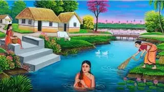 Landscape Indian village women net fishing scenery painting #art #drawingbysujanpradhan #painting
