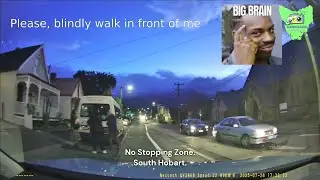 South Hobart, Tasmania: idiot van driver stops in a no stopping zone and then walks onto road.