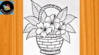 Hibiscus 🌺 Bouquet In Basket Drawing || Very Easy Flower Basket Drawing || Flower Basket Drawing.