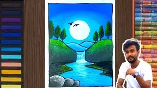 Easy Oil pastel and Soft pastelDrawing for beginnerS | moonlight Waterfall Scenery | Step-by-step