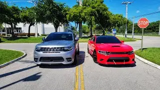Dodge Charger Scatpack vs Pro-charged SRT Jeep. Drag racing