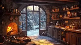 Cozy Medieval Kitchen 🔥 | Warm Stone Hearth, Rustic Cooking Sounds & Gentle Snowfall Outside
