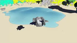 Marching Cubes, cel shaded planet with ship landing and walking around