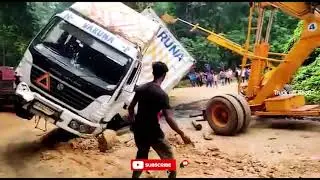 Fully Loaded Ashoka Leyland Container Truck Accident in Forest - Hard Working Crane Operator Rescue