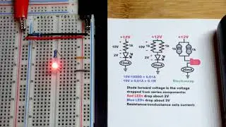 Learning electronics LED forward voltage demonstration using light emitting diode and resistors