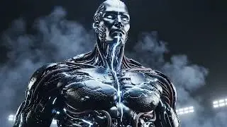 Cinematic futuristic 3D visual, abstract cyber organic humanoid figure emerging from darknes