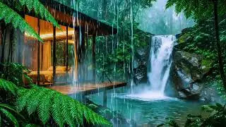 Heavy Rain & Waterfall Sounds at a Modern Glass House 🌧️💧 | Deep Sleep, Relaxation & Focus