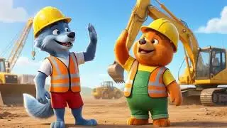 🚜 Construction Vehicles Song! Diggers, Trucks & Excavators 🎵 Blue Wolf & Bear Teamwork