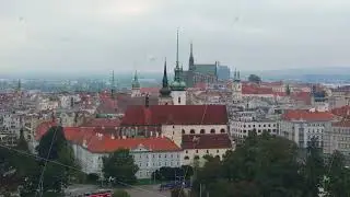 Aerial view of downtown Brno, Czech Republic. The Cathedral of St. Peter and Paul is visible in the