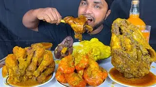 SPICY CHICKEN LEG PIECE CURRY, MUTTON LEG CURRY, FULL GOAT HEAD  AND PRAWNS CURY WITH RICE EATING