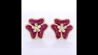 9.70CT Ruby and Diamond Flower Earrings In 18K Yellow Gold