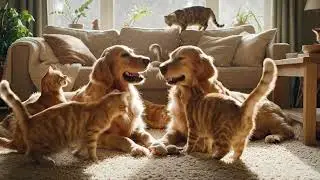 cats and dogs play at home