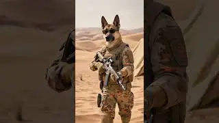 Desert dog soldier in camo, shades, rifle, advancing. #ai #cute #aivideo #rekkkkkk #funny #rek #dog