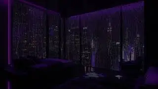 Luxury NYC Bedroom After Dark 🏙️💜 Purple Neon Glow & Calm Rain Ambience