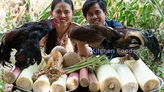 Yummy Banana Tree Coconut Milk With Organic Chicken Sour Soup​ - Cooking Style in Village