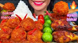 MAKAN BAKSO MERCON, AYAM BACAR *SPICY MEATBALL, BBQ CHICKEN, RICE MASSIVE Eating Sounds