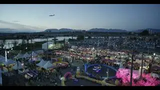 Wide shot of Richmond Night Market at dusk.