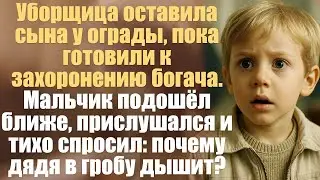 Уборщица оставила сына у ограды, пока готовили к захоронению богача. Мальчик подошёл ближе....