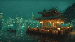 Rainy Riverside Pavilion at Night &ndash; Neon City Mood | Focus, Study & Relax | 4K