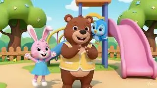 Cartoon bear bunny and bird characters at a playground