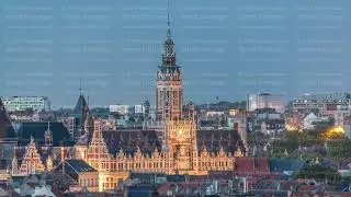 Aerial view of Schaerbeek Town Hall day to night timelapse in Brussels, Belgium.