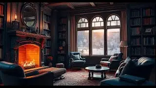 Cozy Library Fireplace ❄️🎷 4 Hours of Soft Jazz, Snowfall & Warm Ambience
