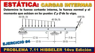 ESTÁTICA: CARGAS INTERNAS - Fuerza Cortante, Normal y Momento Flector - Prob. 7.11 Hibbeler 14va Ed.