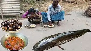 village style SHOL FISH curry with TARO ROOT recipe cooking&eating tribal family | shol maach recipe