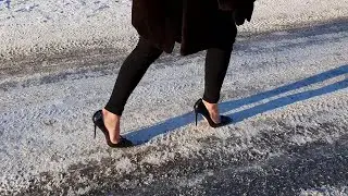 Louboutin pumps on very slippy ice, louboutin sliding on ice, girl walking in louboutin (scene 636)