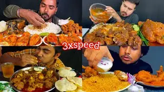 ASMR : Eating Spicy 🔥Fish Curry 🍖Mutton Nalli Curry Whole Chicken Chicken Pulao Raita Mukbang 3X