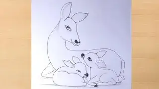 mother deer with her two babies pencildrawing/deer drawing
