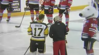 Brandon Saigeon with the Mayor of Grimsby Bob Bentley before a Niagara IceDogs game