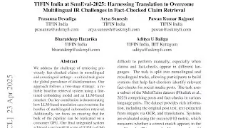 TIFIN India at SemEval-2025: Harnessing Translation to Overcome   Multilingual IR Challenges in Fact