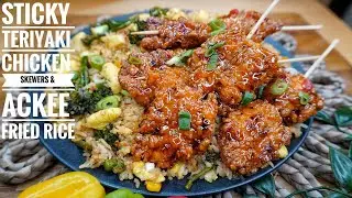 STICKY TERIYAKI JERK CHICKEN SKEWERS & ACKEE FRIED RICE