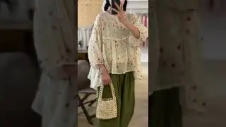 Polka dot peasant blouse olive green wide leg pants straw hat woven bag brown flats