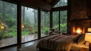 Gentle Cabin Rain for Deep Sleep, Cozy Cabin Bedroom Rain on Window Pane & Gentle Glow Fireplace