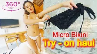 VR360 META - Try on haul new micro bikini. Cute girl try on swimwear in front of camera