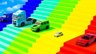 Flatbed Trailer McQueen Transportation with Truck - Speedbumps vs Cars vs Train - BeamNG.Drive #08