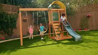 🏕️ Wooden Outdoor Swing Set Playset with Slide Chalk Wall Canopy and Rock Wall Ready to Assemble