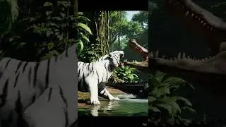 white Tiger attacks a giant alligator.. never seen in the wild..