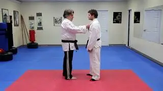 Lapel grab, shove,  and front choke attack defense