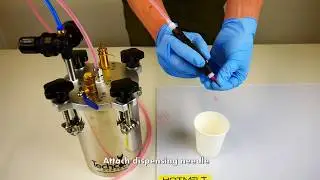 Liquid dispensing using Techcon TS1254 pressure tank and TS1201 dispensing pen.