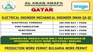 ELECTRICAL ENGINEER MECHANICAL ENGINEER OMAN QA QC PRODUCTION WORK PERMIT Bulgaria Work Permit