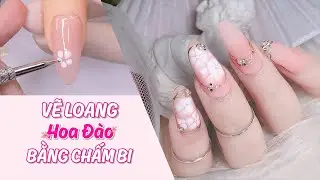 Vẽ Nail Loang Hoa Đ&agrave;o Ng&agrave;y Tết Bằng Chấm Bi