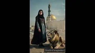 Ai part 79 A young woman/girl stands proudly amidst the rubble of war, accompanied by a lion #gaza