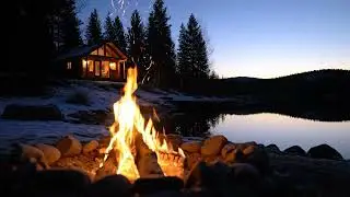 Lakeside Winter Cabin with Firepit | 4K Relaxing